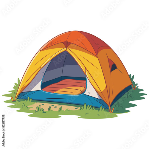 Colorful camping tent with sleeping bag inside on grassy ground