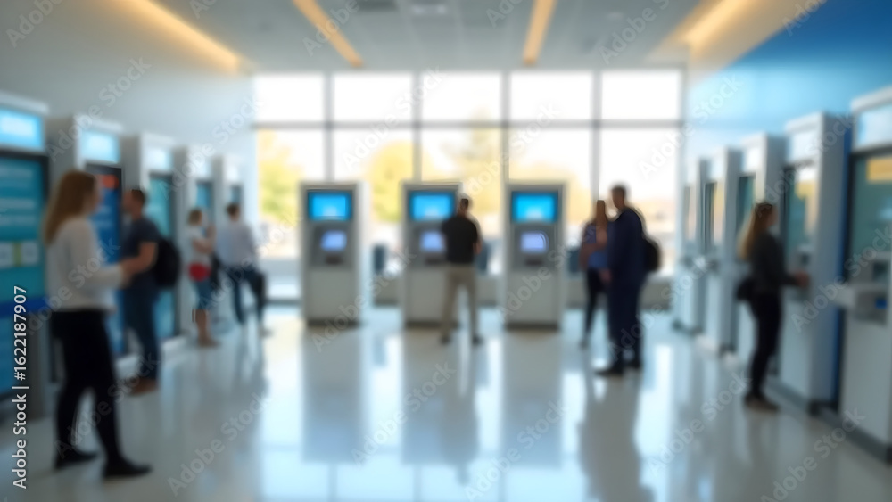 Fototapeta premium Blurred image of customer using ATM or self-service kiosk of bank inside modern bank. Quiet digital banking concept.