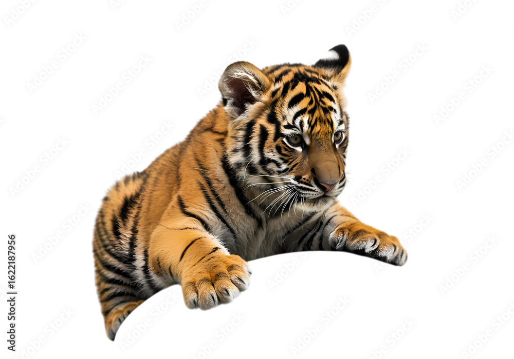 Obraz premium Majestic Bengal Tiger Cub: Powerful Wildlife Portrait on White Background