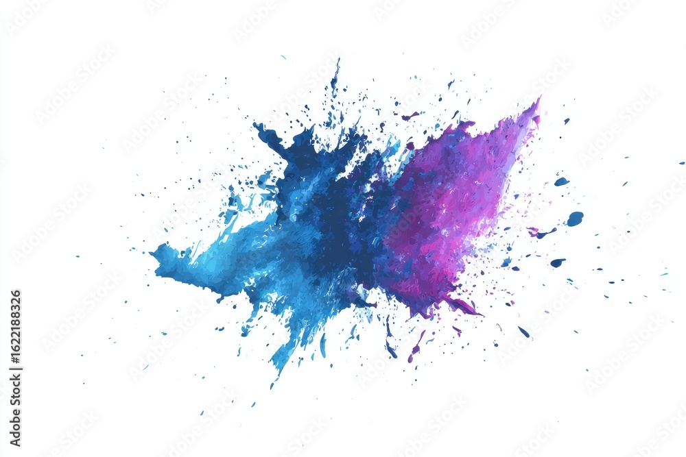 Fototapeta premium Abstract vibrant paint splatter, a mix of blues and purples exploding outwards on a white background