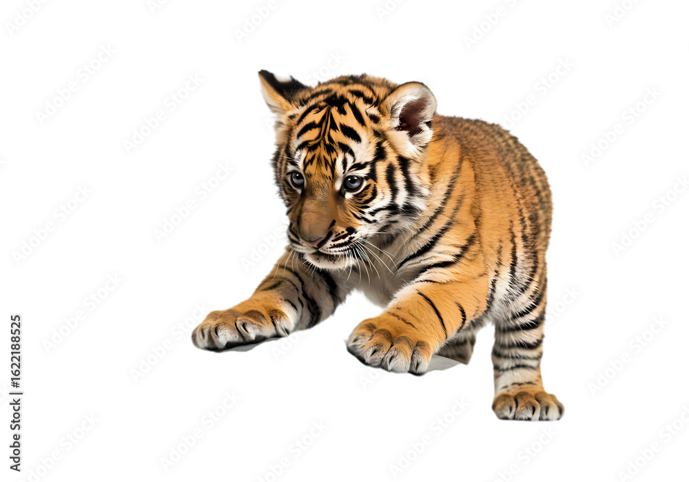 Obraz premium Bengal Tiger Cub: Playful Posture on White Background
