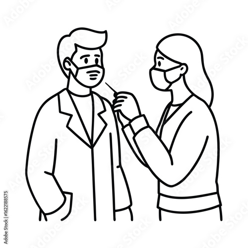 Line drawing of COVID testing center with health staff and patients vector line art on white background  