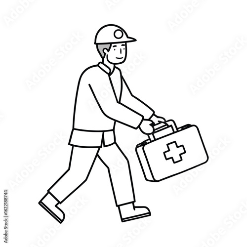 Line sketch of emergency medical technician carrying patient to ambulance vector line art on white background.