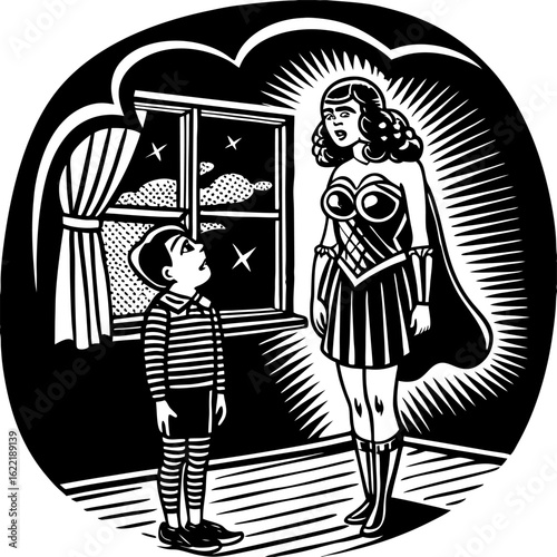 Illustration of superheroine with boy looking up to her in a striped room at night with stars and window vector Illustration