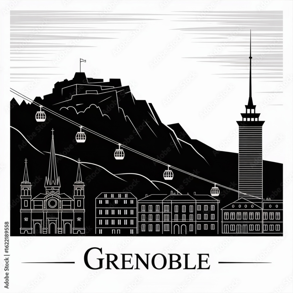 custom made wallpaper toronto digitalGrenoble Skyline Silhouette - French Alpine City Black and White Vector Illustration