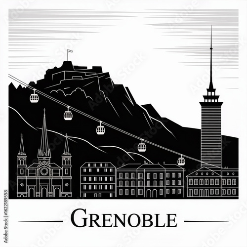 Wallpaper Mural Grenoble Skyline Silhouette - French Alpine City Black and White Vector Illustration Torontodigital.ca