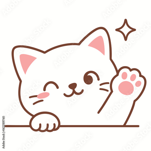 Adorable cartoon white cat winking and waving paw with sparkle on white background vector illustration