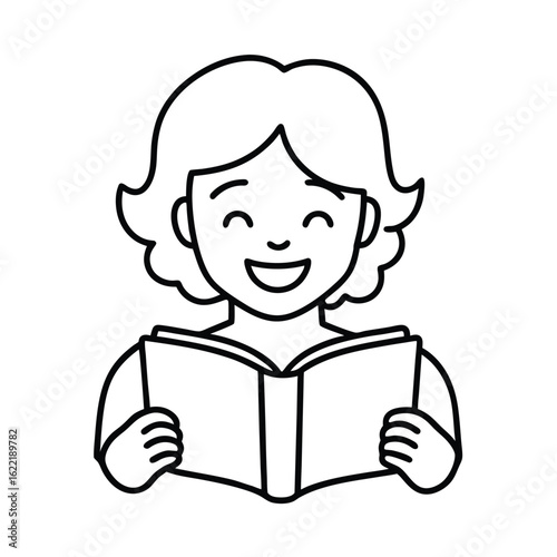 Minimal line art of person reading book with smile and calm focus vector line art on white background.