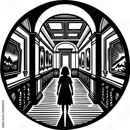 Hallway art gallery paintings exhibition silhouette figure architecture interior design museum artwork illustration vector Illustration