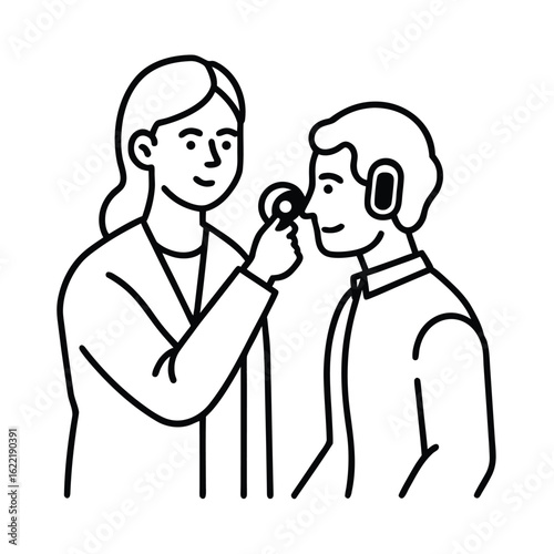Minimalist line drawing of hearing test with audiologist and headset vector line art on white background.