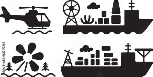Helicopter, Wind Turbine, and Cargo Ship Icon Set