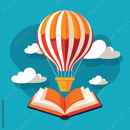 Hot Air Balloon Ascending from Open Book: Whimsical, Flat Design, Educational Concept Illustration