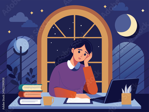Tired young woman working late at night on laptop, flat vector illustration, dark blue color scheme, melancholic mood, remote work, deadline stress.