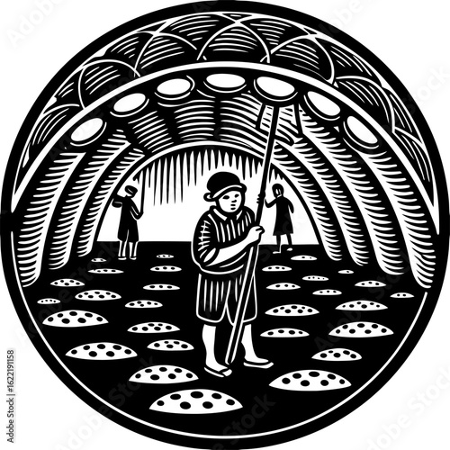 Black and white illustration of agriculture field with farmers working on mushroom cultivation project vector Illustration