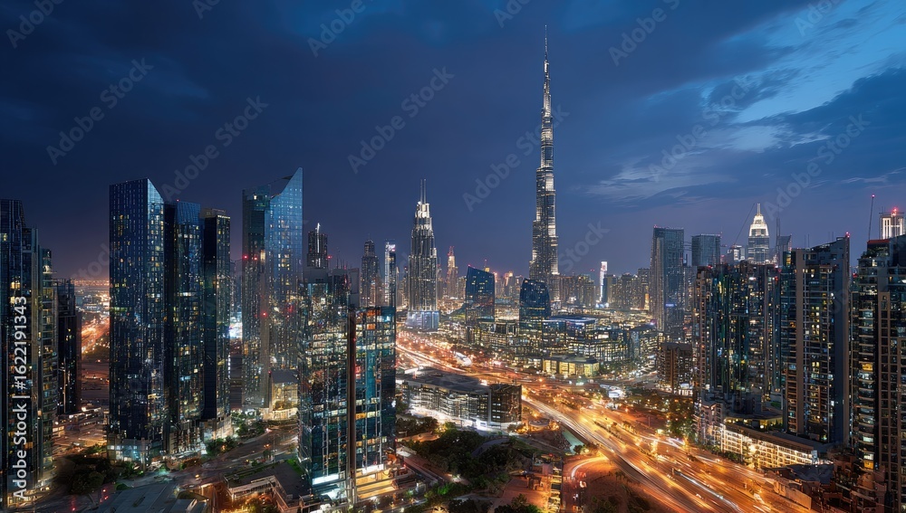 Obraz premium City skyline at twilight, with illuminated modern skyscrapers and roads