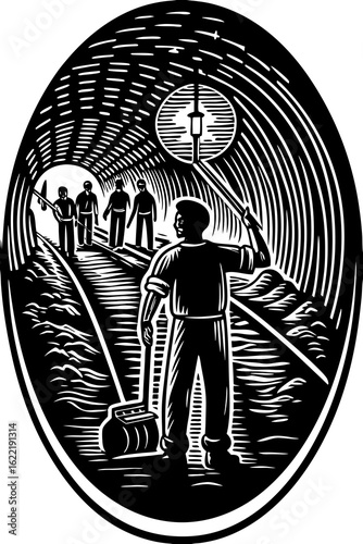 Tunnel workers mining coal underground illustration vector image black and white engraving style drawing art vector Illustration