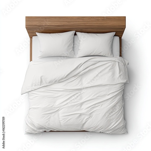 Overhead view of a made bed with light-brown headboard