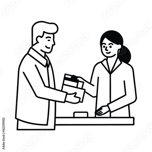 Vector line illustration of pharmacist handing prescription bag vector line art on white background.