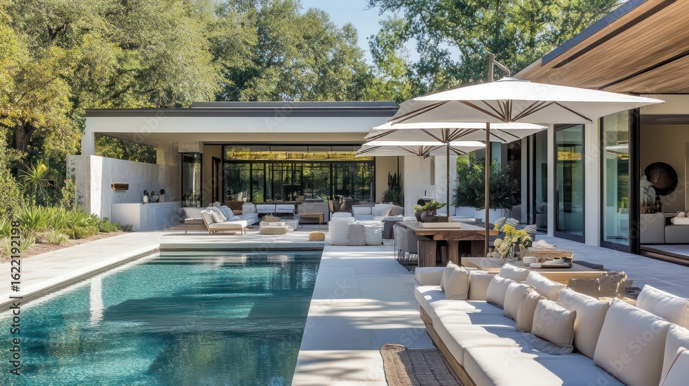 Fototapeta premium A modern poolside lounge with sleek sofas, a long dining table, and adjustable umbrellas for shade