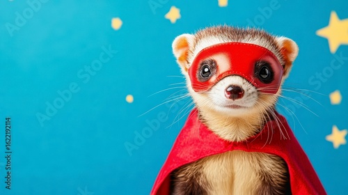 Ferret superhero pet animal cute adorable funny costume mask cape blue stars background photography is amazing