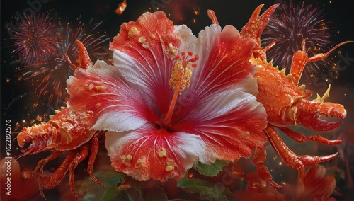 Two vibrant hibiscus flowers, each with a crab, surrounded by fireworks