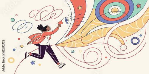 Woman with megaphone speaker announcement communication message voice shout out loud promotion marketing concept vector Illustration