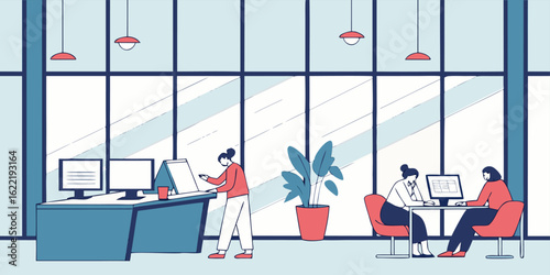 Office workplace vector illustration featuring business people working at desks in a modern office space design vector Illustration