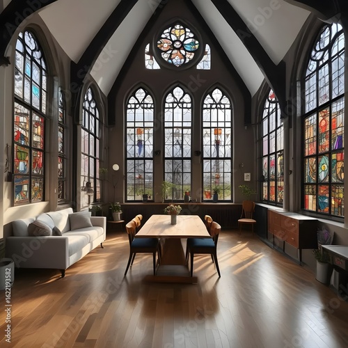 Elegant interior of a church converted into a modern living space