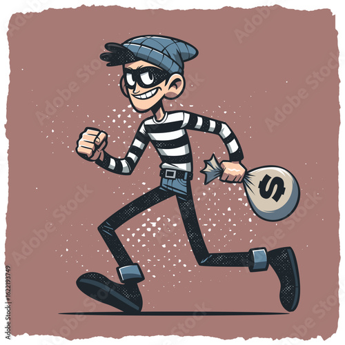 Cartoon Robber Running with Money Bag