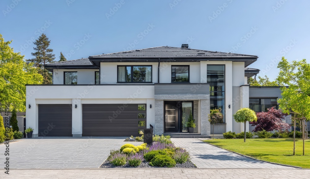 Fototapeta premium Modern, two-story home with dark gray garage doors, landscaped front yard