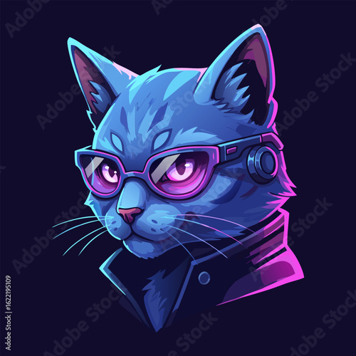 Stylish feline character portrait with neon glasses and headphones. A cool cat illustration with a retro synthwave and cyberpunk vibe.