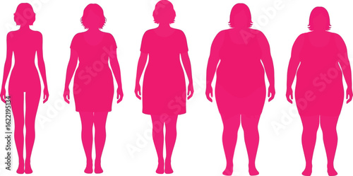Vibrant pink female body silhouettes show weight gain progression in clear visual stages