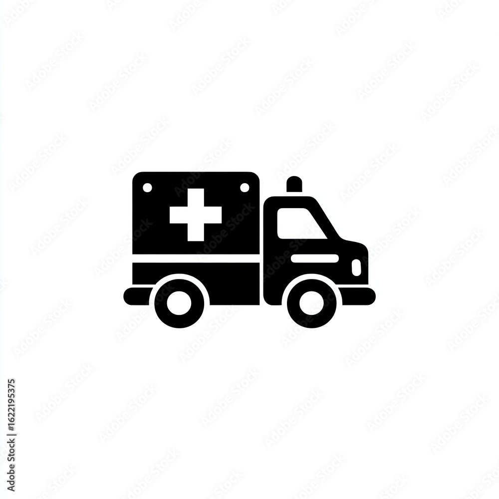 Fototapeta premium Simple black icon of an ambulance vehicle. A stylized, solid black ambulance van with a large white plus sign on the side. Basic, flat design