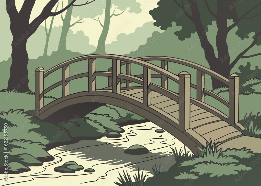Fototapeta premium Rustic Forest Bridge Crossing Over Gentle Stream Amid Lush Trees