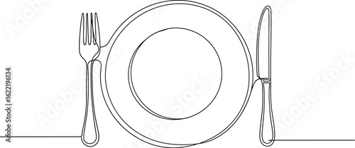 Elegant single line drawing of a plate with fork and knife ready for dining