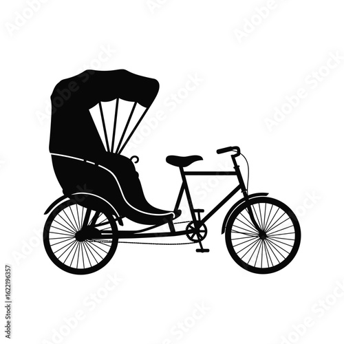 Black silhouette of a rickshaw threewheeled bicycle taxi pedicab passenger transport