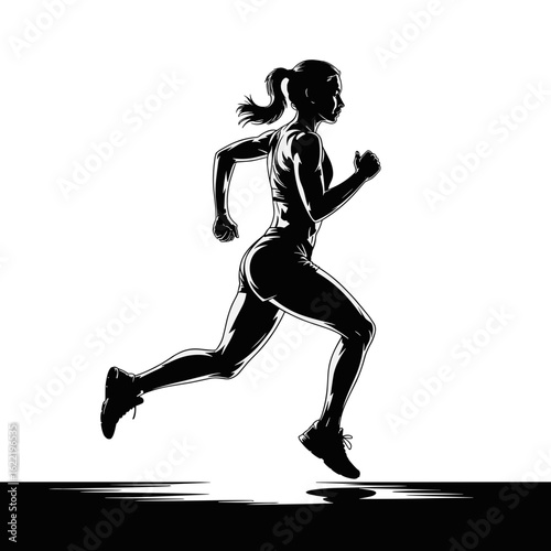 Female Runner in Motion, Minimalist Style, Urban Environment, Silhouette Artwork