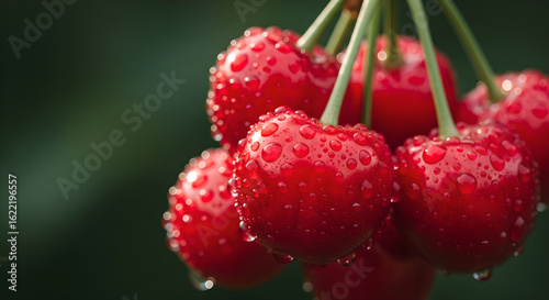 Fresh red cherries with water droplets glistening on their surface showcase natures beauty and delicious treat