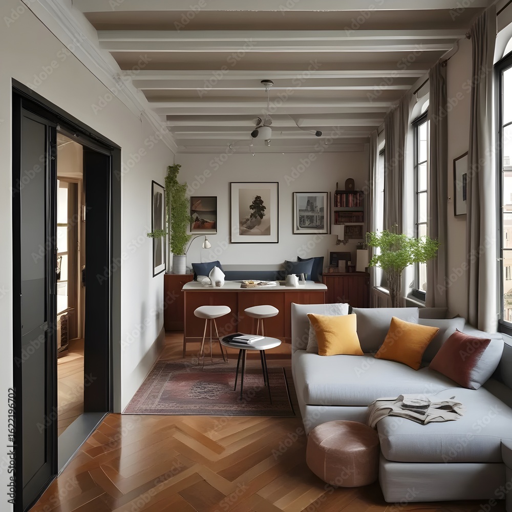 Fototapeta premium Bright, Modern Living Room Interior with Comfortable Seating and Artistic Decor