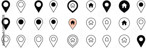Location Marker Icons Set, Diverse Vector Map Pins Including Standard Markers, Circular Pins, Pushpins, and House-Shaped Symbols for Maps, GPS Apps, and Web Navigation