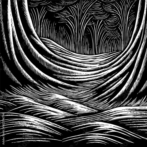 Black and white woodcut landscape trees forest nature art illustration printmaking monochrome scenery design vector Illustration