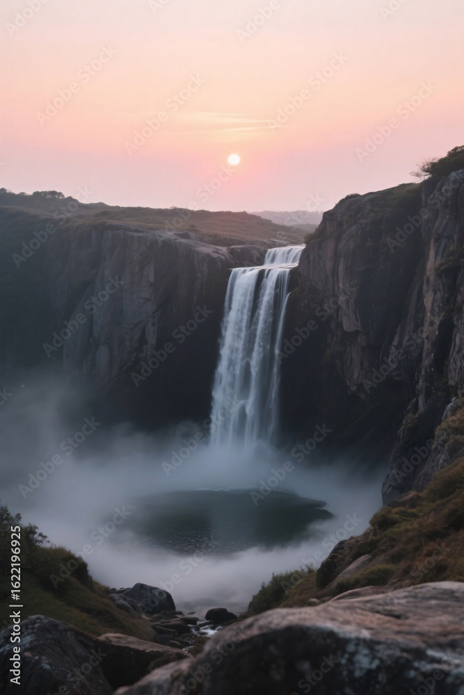 Fototapeta premium Sunrise Waterfall into Misty Canyon