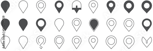 Location Marker Set, Assorted Map Pin Icons Including Circular Markers, House Symbols, and Pushpins for Mapping Software, Travel Apps, and Web UI