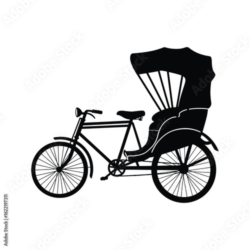 Black silhouette of a vintage rickshaw threewheeled bicycle passenger transport Asian pedicab