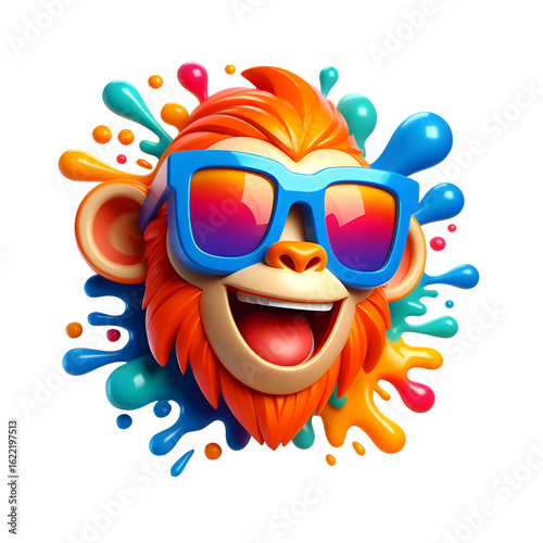 Funny 3D Cartoon Monkey Face with Party Sunglasses and Color Splash