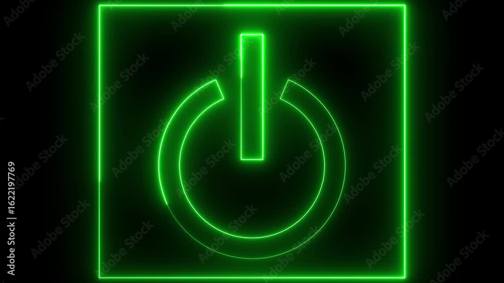 Neon glowing green color power button icon animation switch screen turn on off button shutdown electric stop start button sign symbol on black background