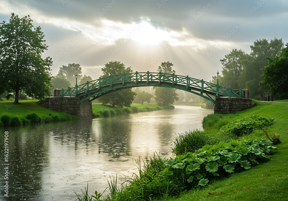 Fototapeta premium Serene River Bridge: Sunbeams & Tranquil Dawn
