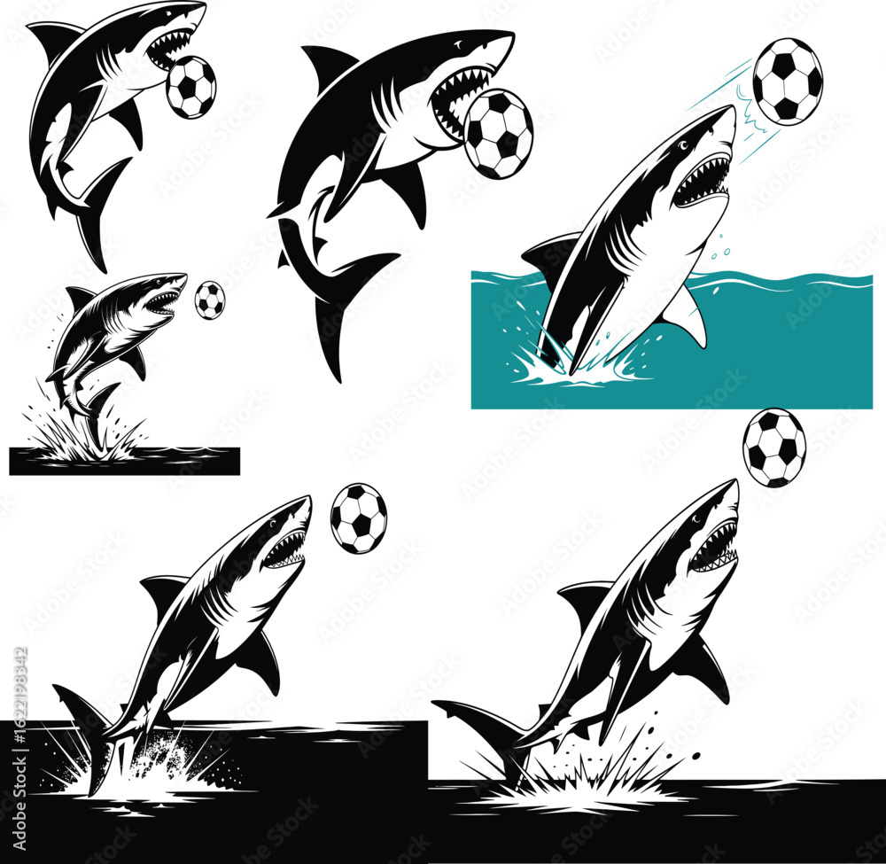 Fototapeta premium Leaping sharks playing soccer ball jumping