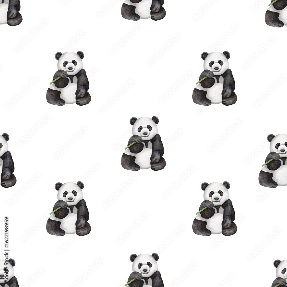 Obraz premium Panda watercolor seamless pattern on white background. Animal concept for banner, wallpaper, cover, wrapping paper design