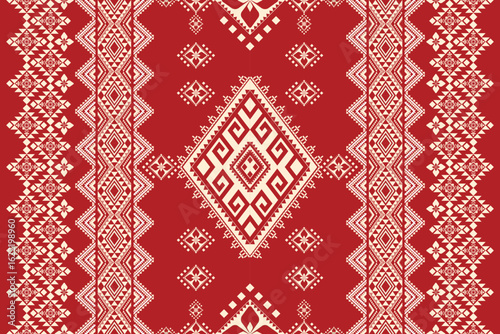 Seamless geometric white and yellow shape for ethnic tradition pattern texture on natural red background